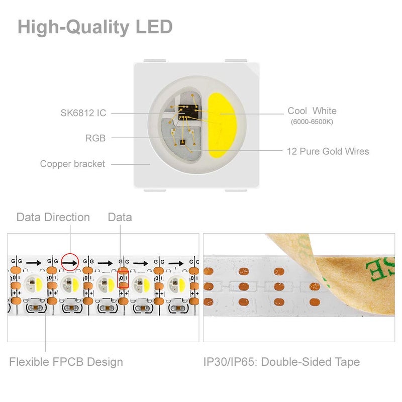 BTF-LIGHTING إضاءة BTF-RGBW RGBCW بيضاء SK6812 (مماثل لـ WS2812B) 3.3 قدم 1 متر 144 ليد/بكسل/م فردية العنوان مرنة 4 ألوان في 1 LED شريط LED بألوان أحلام غير مقاوم للماء DC5V - Image 2